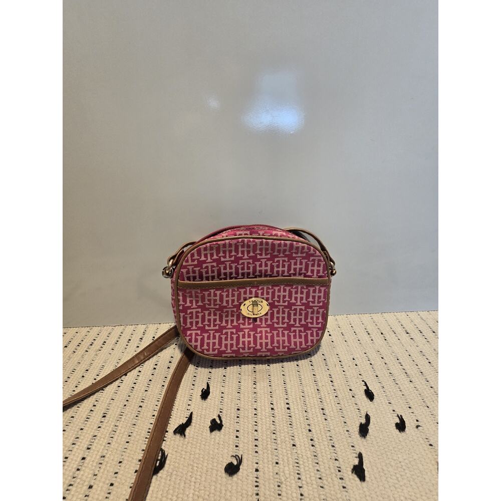TOMMY HILFIGER SIGNATURE TH LOGO PRINT PINK JACQUARD CANTEEN CROSSBODY PURSE Y2K - Picture 4 of 9